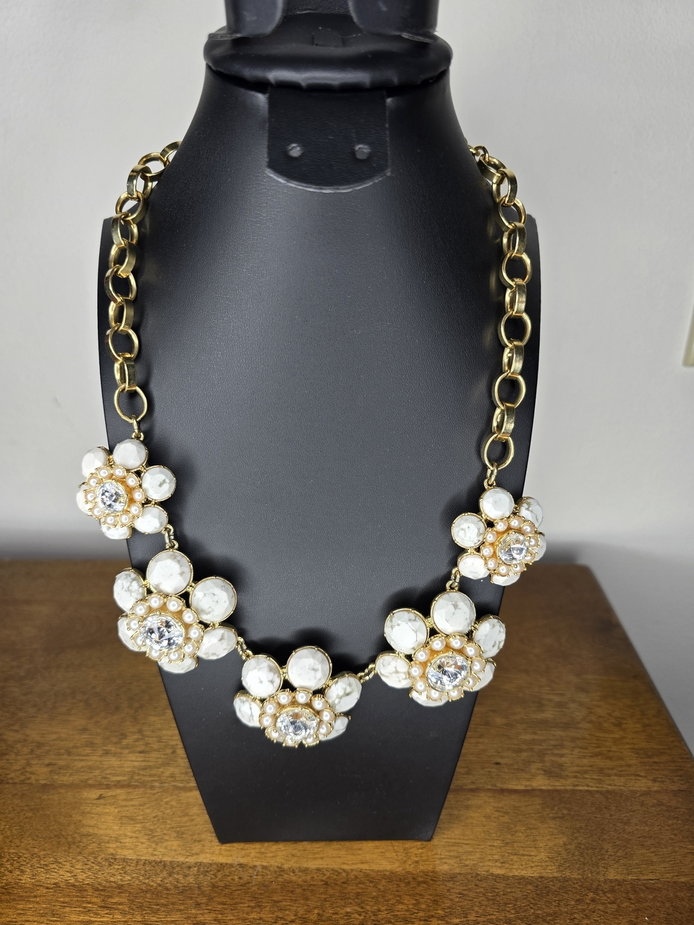 Vintage Ann Taylor Gold-Tone White Crystal Floral Bib Necklace